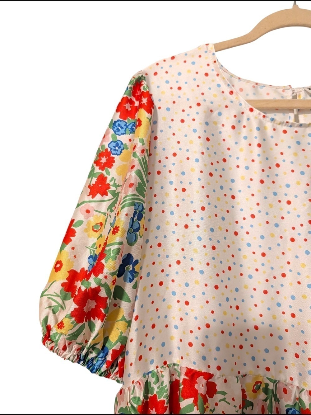 White Multi Floral Maxi Dress Puff Sleeve - Picture 5 of 8